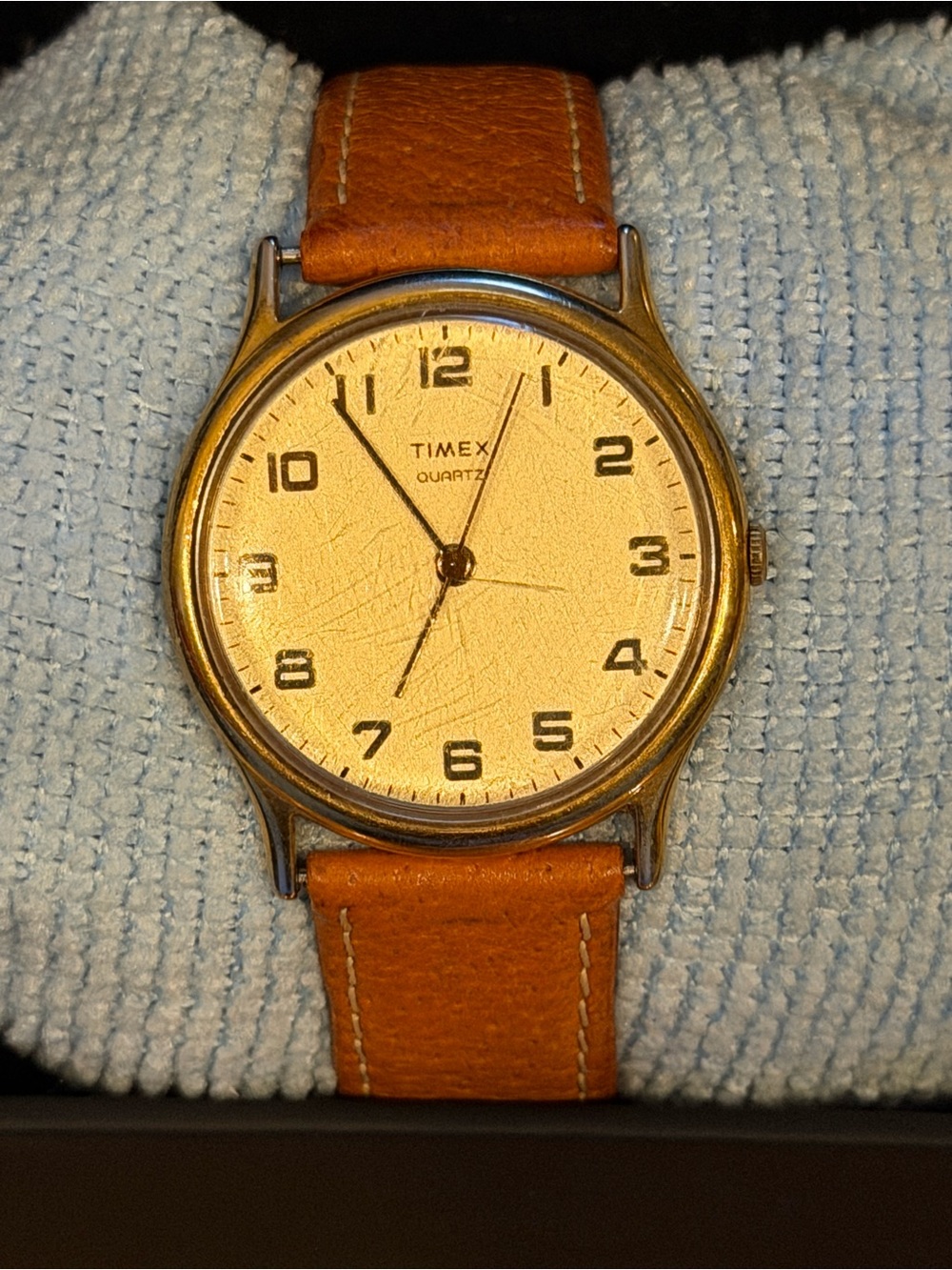 Vintage 1993 Timex M-Cell Quartz Gold Dial Tan Leather Strap 34mm Men's Watch